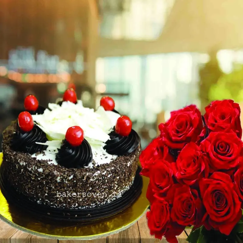 Blackforest cake along 10 roses