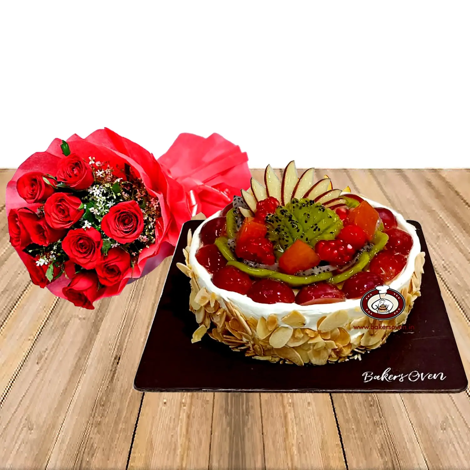 Fresh Fruit cake along 10 roses